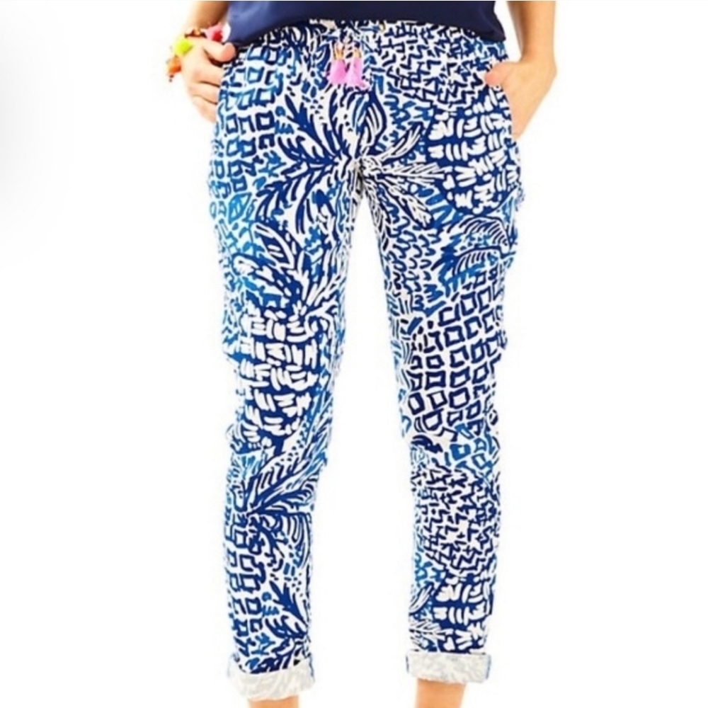 Lilly Pulitzer Aden Linen Tassel Ankle Pants Indigo Home Slice Size XS